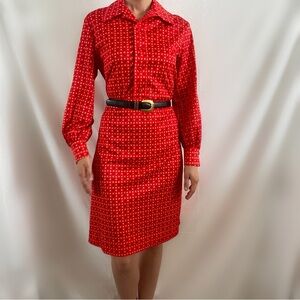 Vintage 60s red collared button up dress midi long sleeve Alfred Werber medium